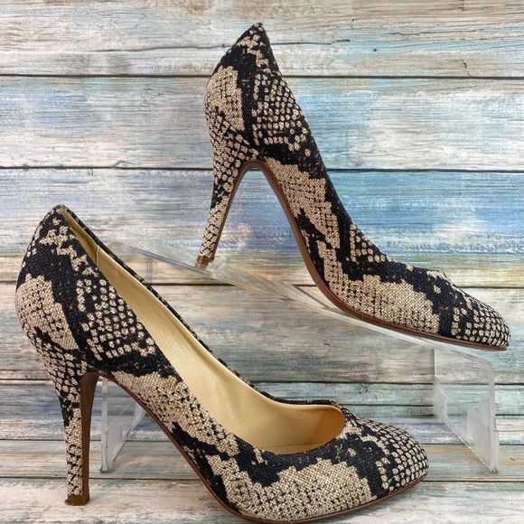 J. Crew Shoes - J Crew Black Beige Textured Fabric Snake Print Pumps